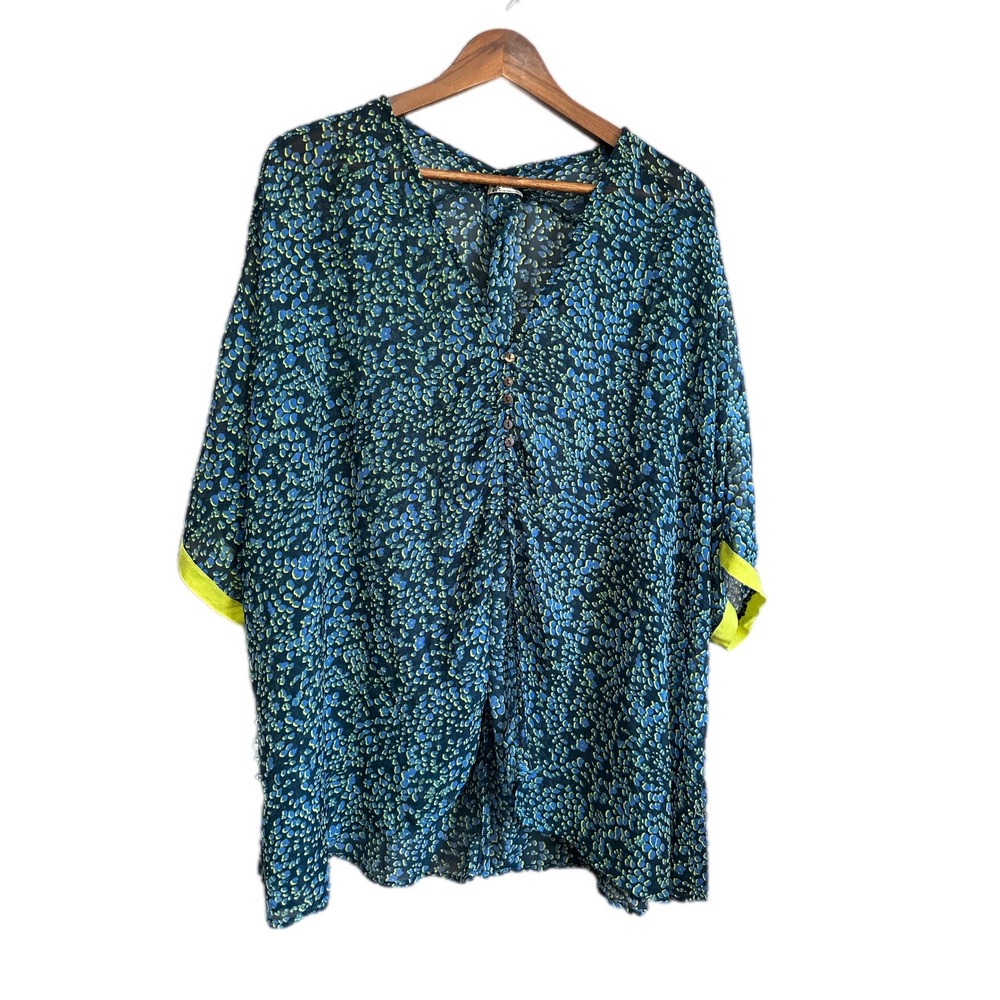 Free‎ People Blue Yellow Floral Print V Neck Button Front Tunic Top